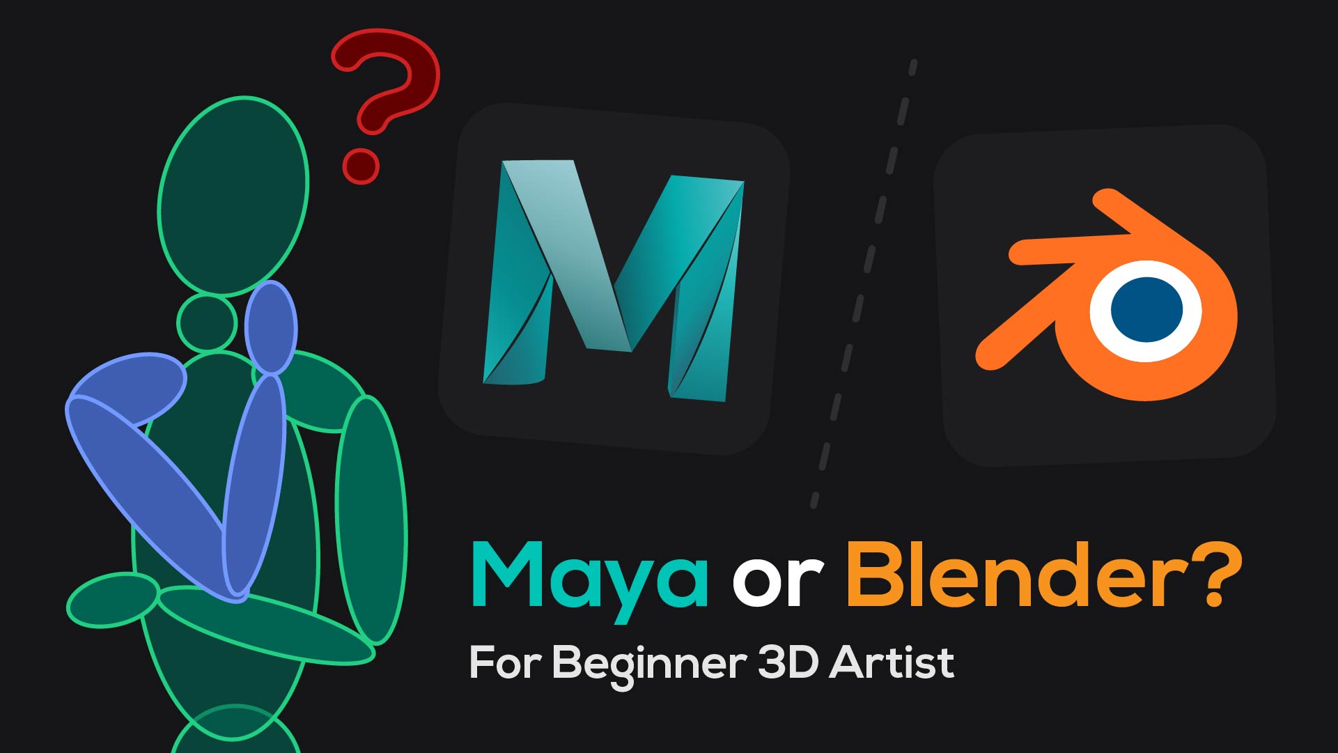 The cartoon man thinking about Maya and Blender