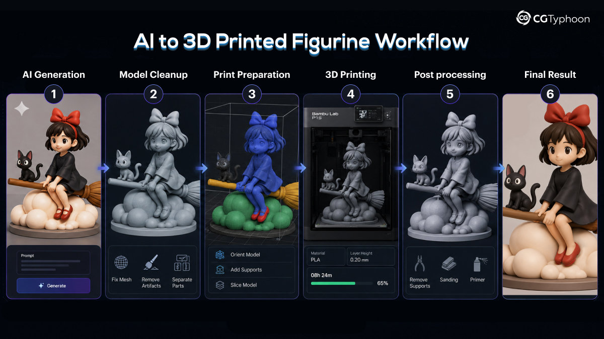 AI for 3D modeling workflow showing image-to-3D generation pipeline using AI tools for 3D modeling, including Meshy AI, Tripo AI, and Hunyuan 3D. Step-by-step process of generating, optimizing, and exporting AI-generated 3D models with modern AI 3D software.